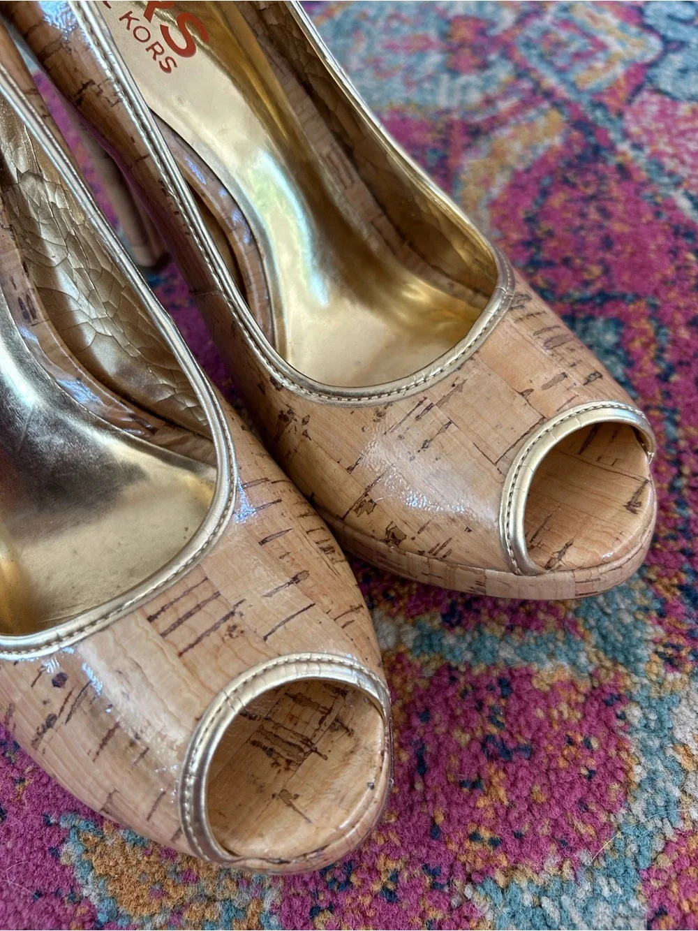 Michael Kors | Women’s Tan Cork Peep-Toe Pumps in Natural W/Gold Lining Size 8.5